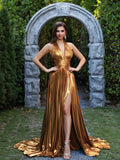 Gold Metallic Pleated Fabric A-Line Halter neckline Floor-Length Dress - Jimiss