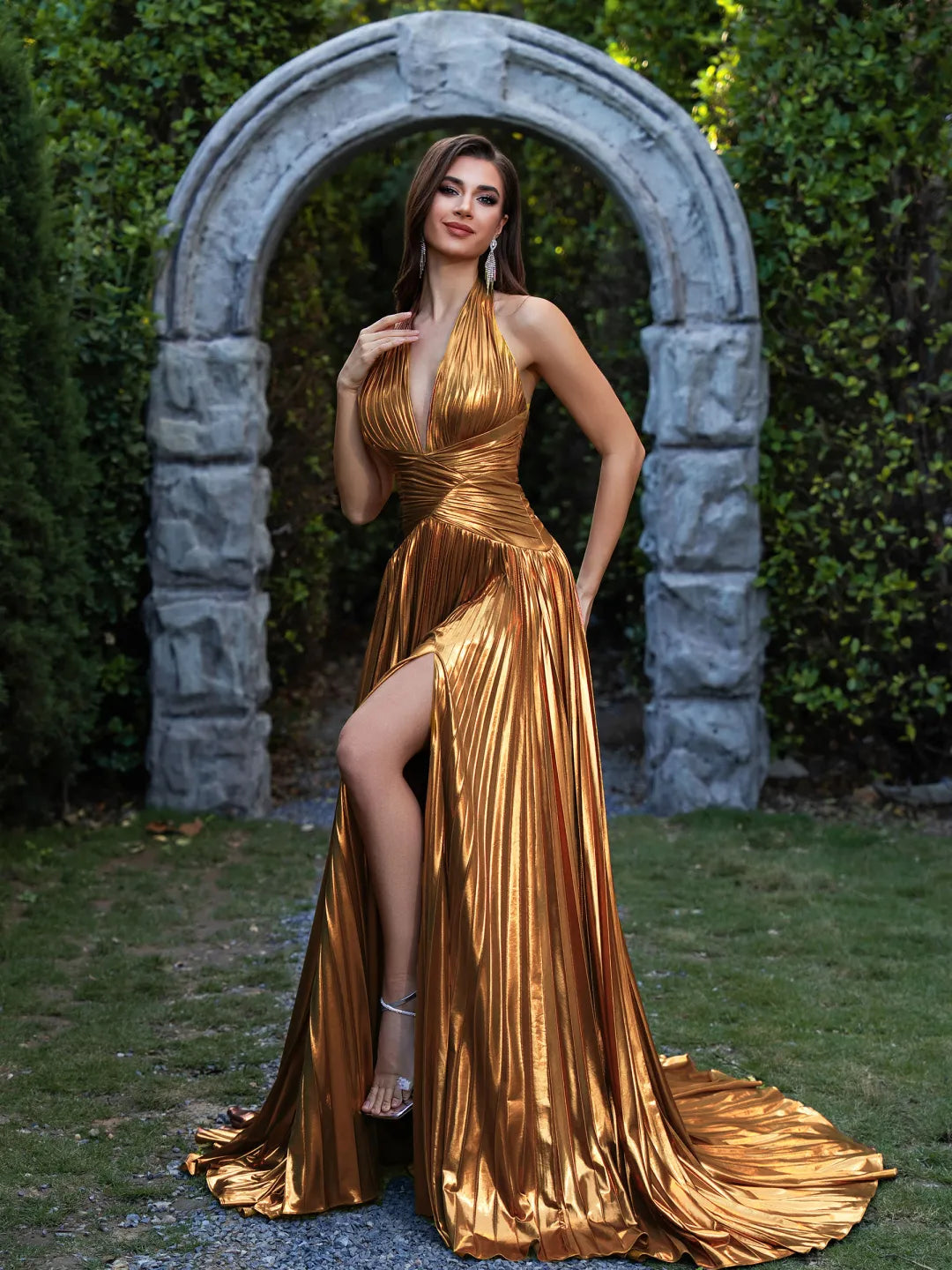 Gold Metallic Pleated Fabric A-Line Halter neckline Floor-Length Dress - Jimiss