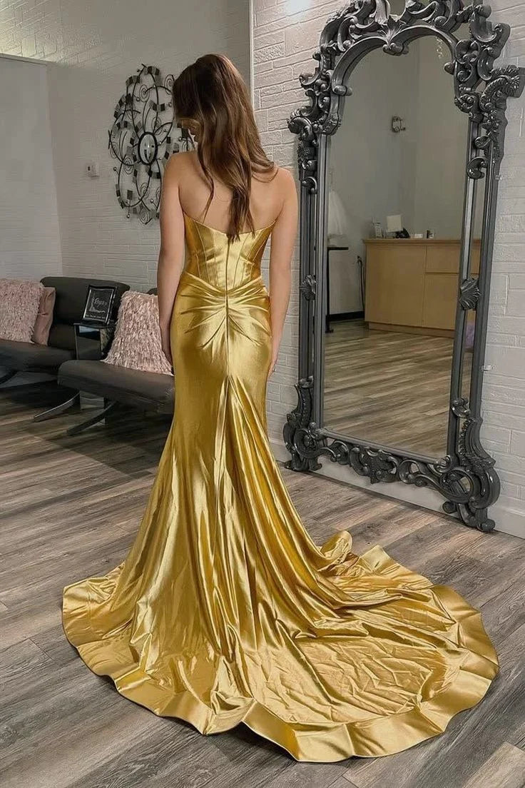 Gold Satin mermaid sweetheart zipper-back floor-length Dress Back View - Jimiss