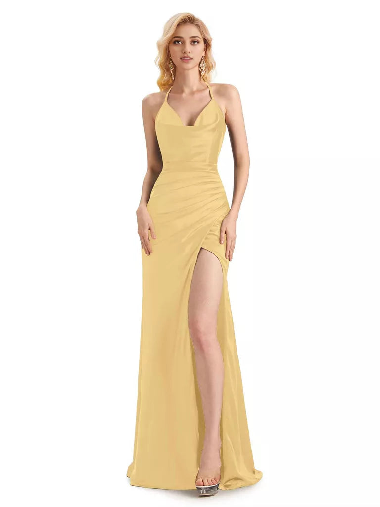 Vestidos de dama de honor largos de sirena con escote halter de satén suave y abertura lateral sexy para invitada de boda