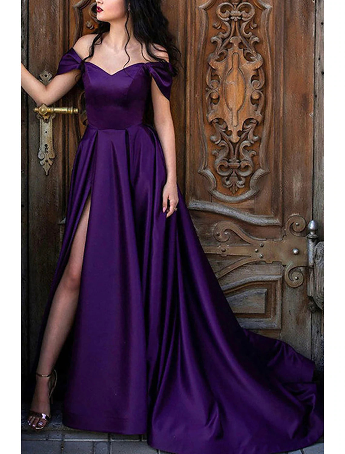 Purple Satin Off-the-Shoulder A-Line Floor-Length Evening Dress with High Slit