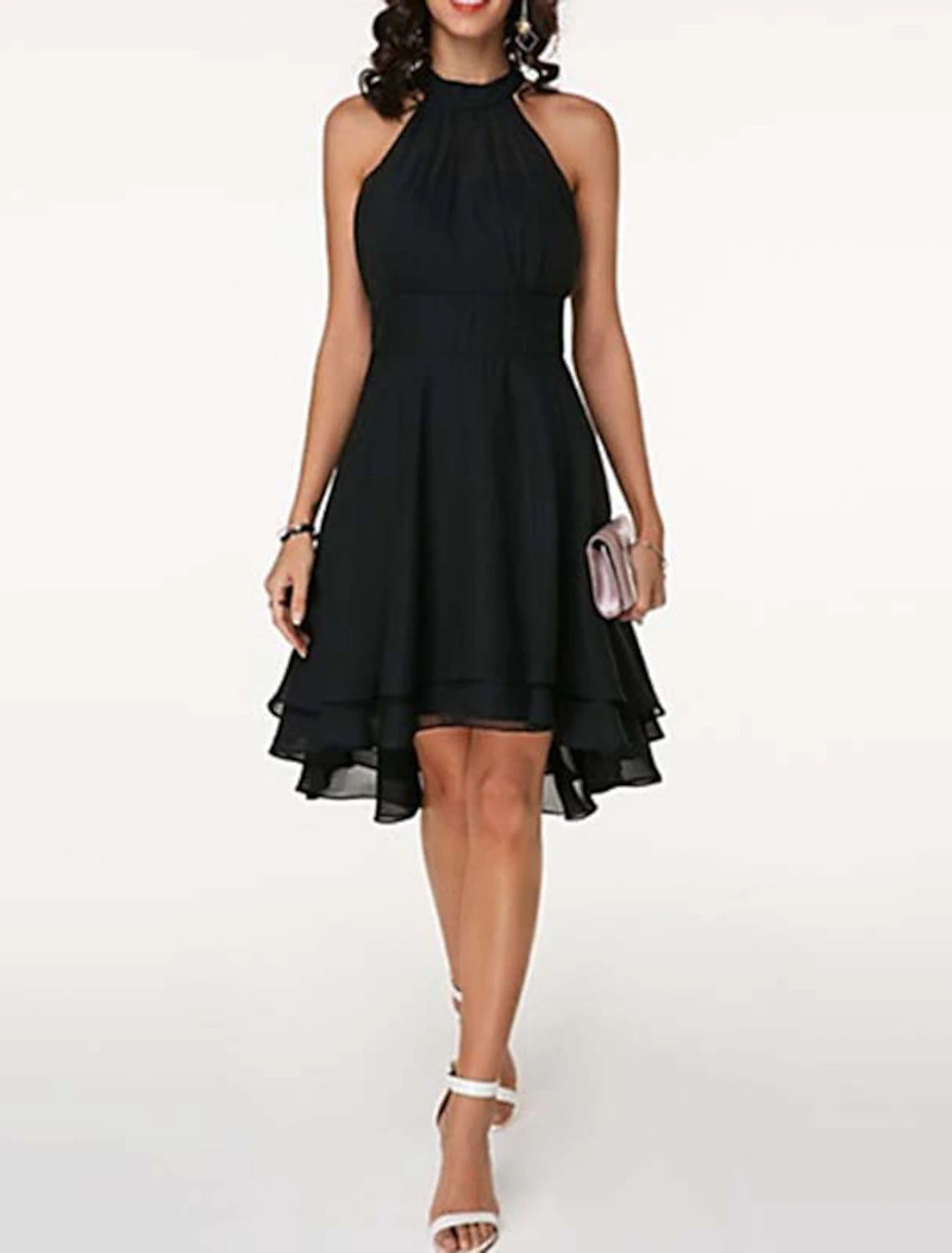 Abiti da festa a trapezio, abiti casual, da invitata a nozze, estivi, lunghezza al ginocchio, senza maniche, scollo all'americana, in chiffon, schiena a V con volant