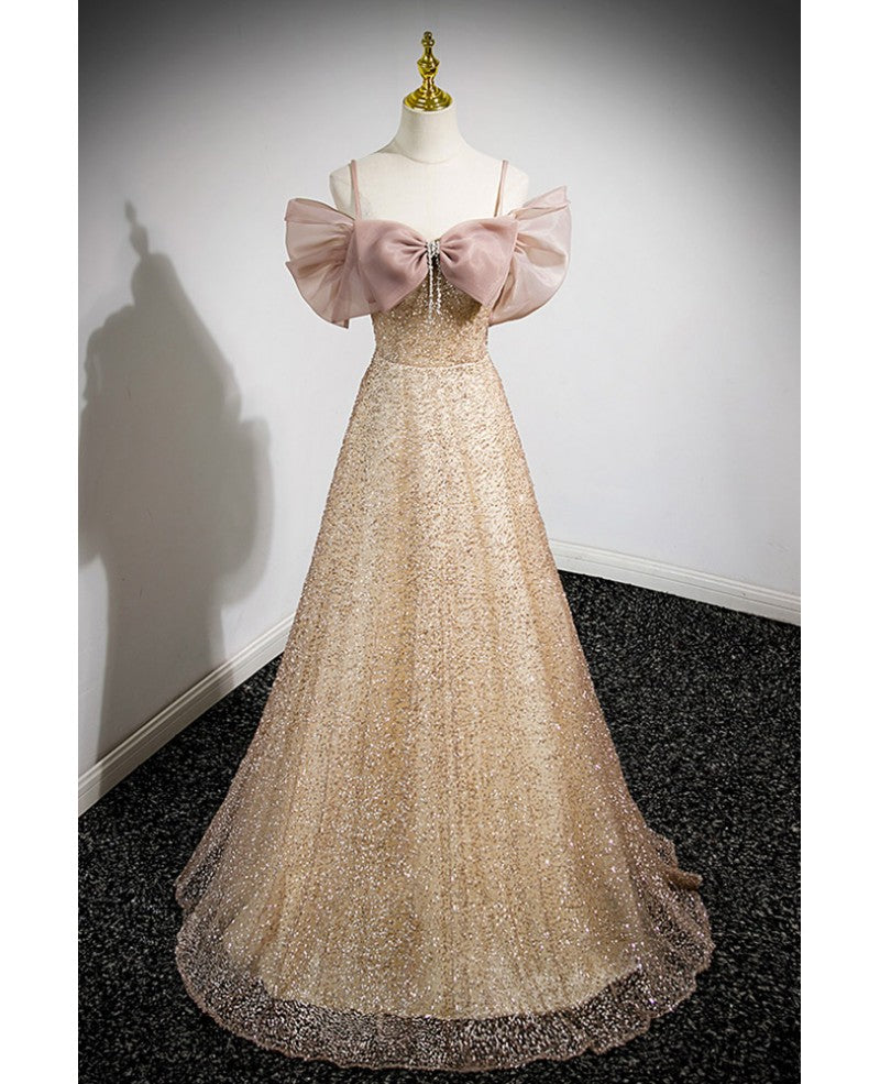 Elegant gold rhinestone sequin thin shoulder strap off shoulder evening gown with gold A-line princess bow short sleeved off back strap and floor length prom dress