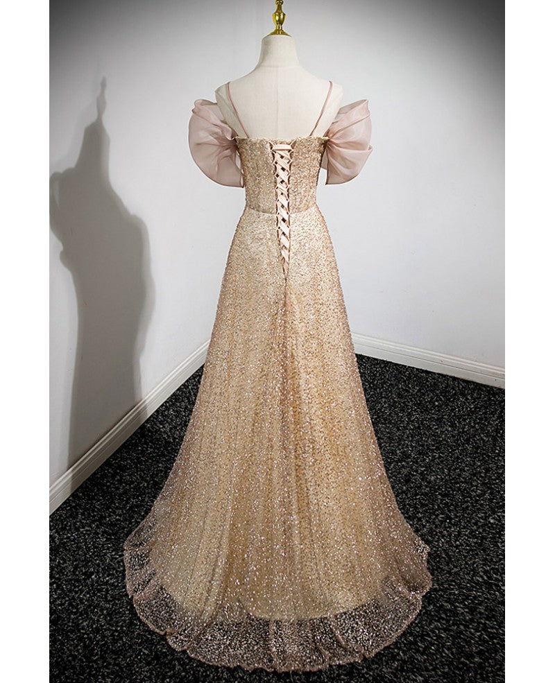 Elegant gold rhinestone sequin thin shoulder strap off shoulder evening gown with gold A-line princess bow short sleeved off back strap and floor length prom dress