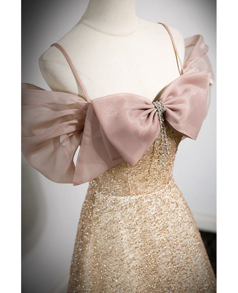 Elegant gold rhinestone sequin thin shoulder strap off shoulder evening gown with gold A-line princess bow short sleeved off back strap and floor length prom dress