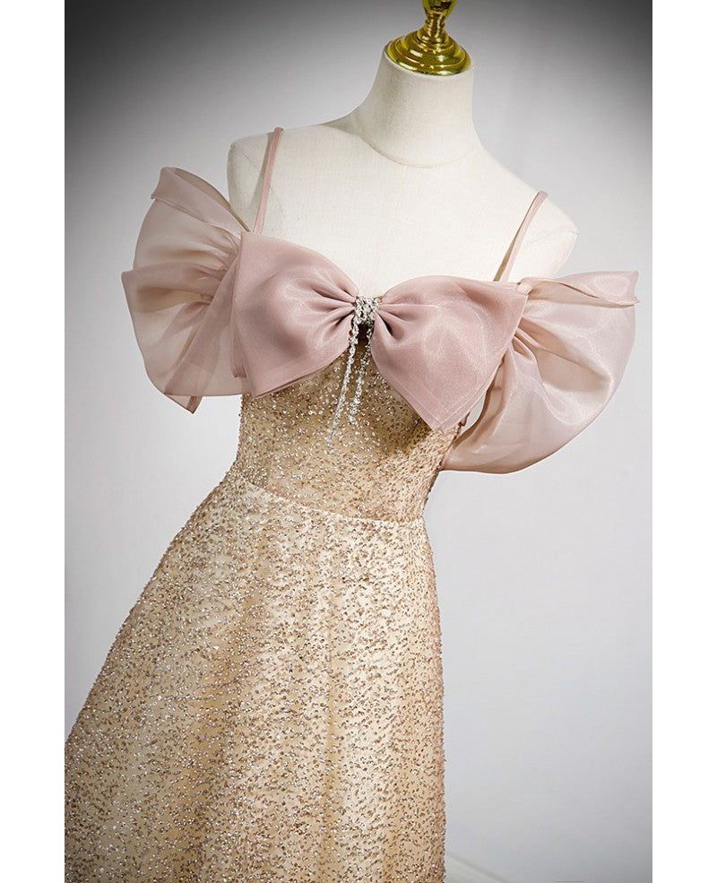 Elegant gold rhinestone sequin thin shoulder strap off shoulder evening gown with gold A-line princess bow short sleeved off back strap and floor length prom dress