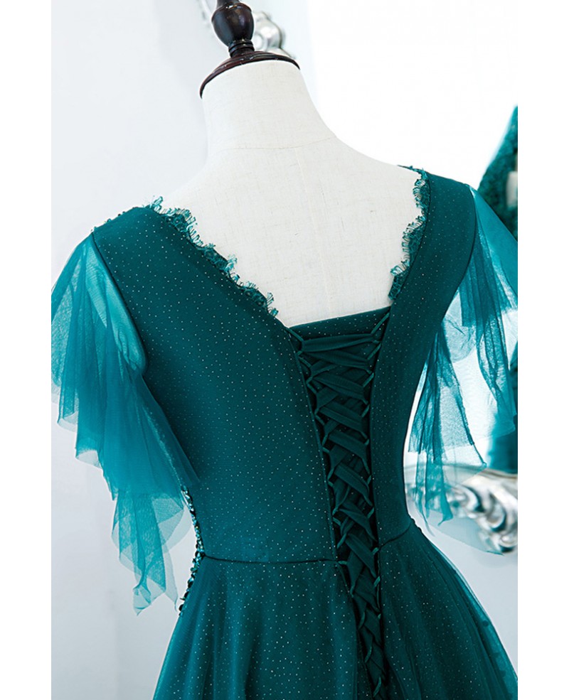Vestido de fiesta único y elegante de color verde oscuro, de manga corta, con cuentas y diamantes de imitación, escote en V en forma de A, tirantes sin espalda, transparente y largo hasta el suelo.