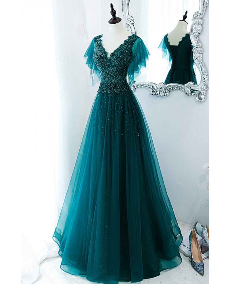 Vestido de fiesta único y elegante de color verde oscuro, de manga corta, con cuentas y diamantes de imitación, escote en V en forma de A, tirantes sin espalda, transparente y largo hasta el suelo.
