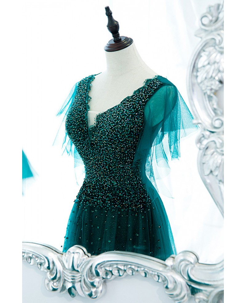Vestido de fiesta único y elegante de color verde oscuro, de manga corta, con cuentas y diamantes de imitación, escote en V en forma de A, tirantes sin espalda, transparente y largo hasta el suelo.