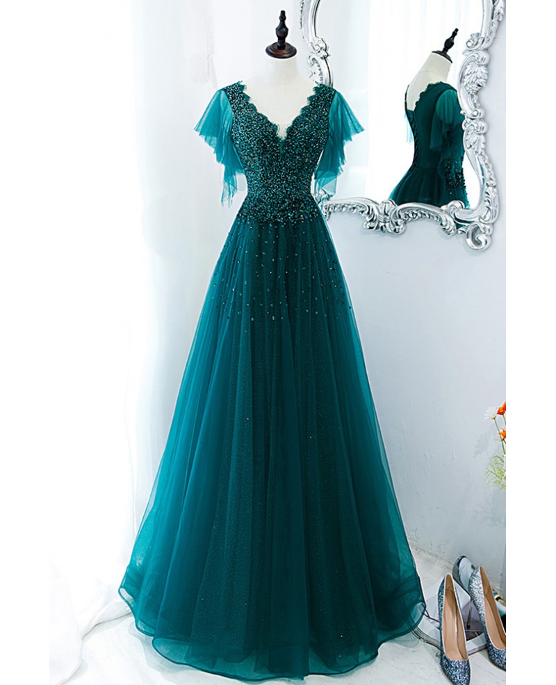 Vestido de fiesta único y elegante de color verde oscuro, de manga corta, con cuentas y diamantes de imitación, escote en V en forma de A, tirantes sin espalda, transparente y largo hasta el suelo.