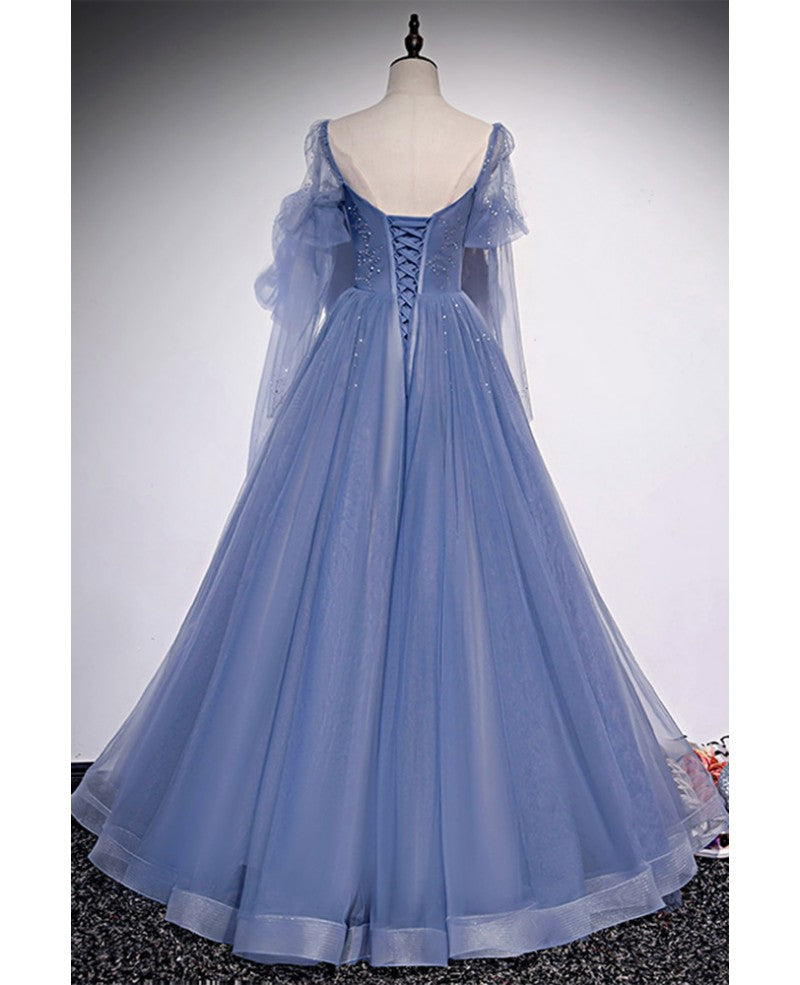 Bellissimo abito lungo da festa con perline trasparenti blu, abito da sera a forma di A con maniche lunghe, schiena scoperta e lunghezza al pavimento