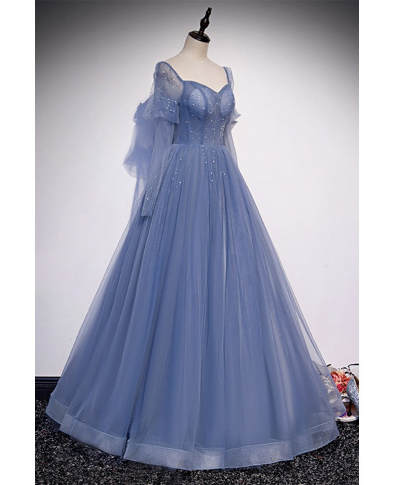 Bellissimo abito lungo da festa con perline trasparenti blu, abito da sera a forma di A con maniche lunghe, schiena scoperta e lunghezza al pavimento