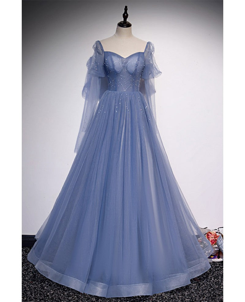 Bellissimo abito lungo da festa con perline trasparenti blu, abito da sera a forma di A con maniche lunghe, schiena scoperta e lunghezza al pavimento