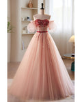 Elegante e dolce abito da ballo in cipria con perline e paillettes, spalle scoperte, maniche corte, fard in cipria, abito da sera in tulle a forma di A, senza schienale e lungo fino ai piedi.