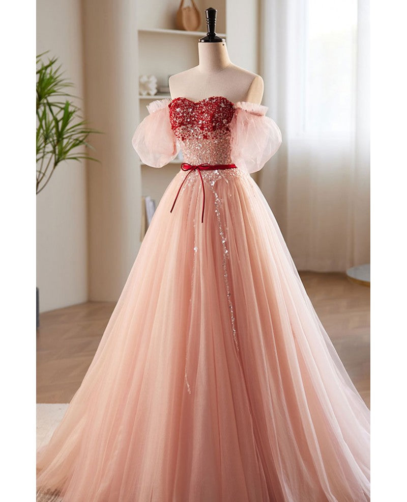 Elegant and sweet powder blusher powder beading sequins off shoulder short sleeve prom dress powder blusher powder A-shaped princess bow belt tulle backless and floor length evening dress
