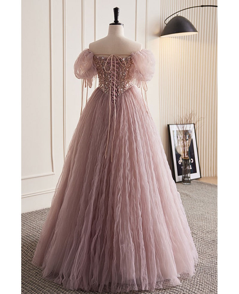 Unique and elegant dark pink sequin off the shoulder short sleeved ball dress dark pink A-line princess glitter beaded backless and ground length prom dress