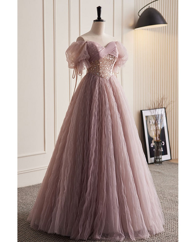 Unique and elegant dark pink sequin off the shoulder short sleeved ball dress dark pink A-line princess glitter beaded backless and ground length prom dress