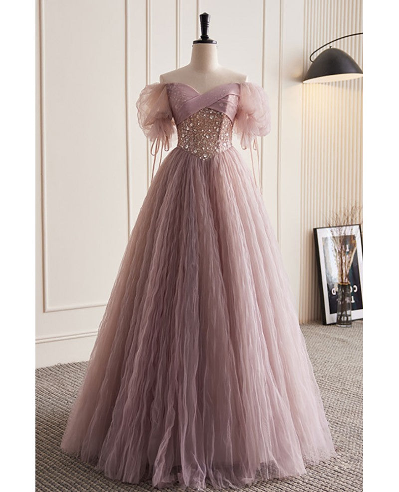 Unique and elegant dark pink sequin off the shoulder short sleeved ball dress dark pink A-line princess glitter beaded backless and ground length prom dress