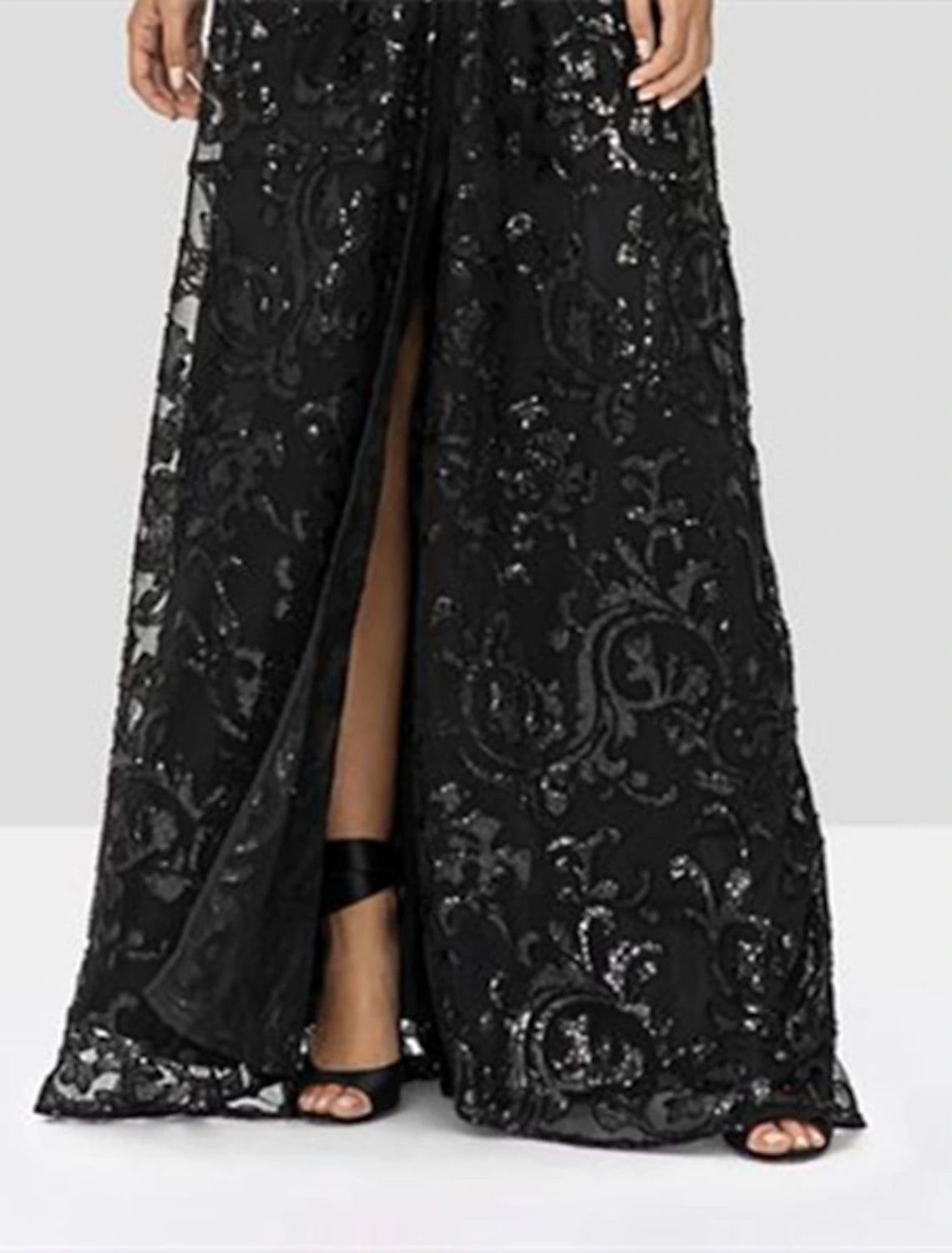 Abito da cerimonia per la madre della sposa, a trapezio, elegante, scintillante e brillante, con scollo a V, lunghezza al pavimento, in pizzo, paillettes, maniche lunghe con applicazioni di paillettes, spacco frontale