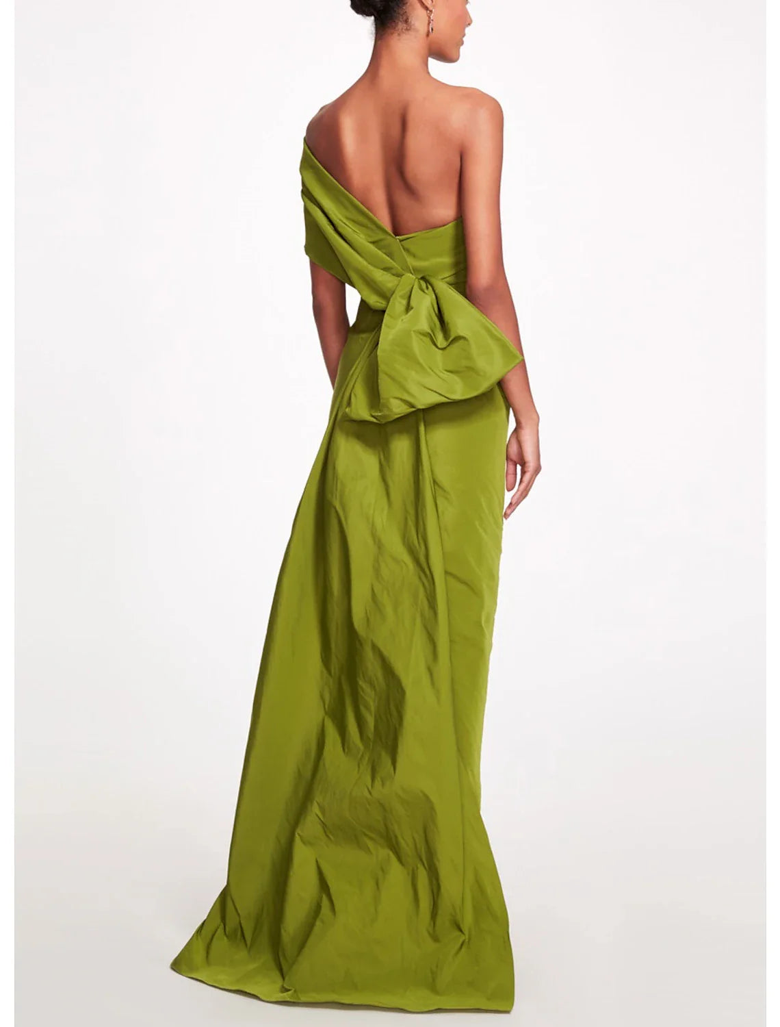 Vestido de noche elegante con corte en forma de columna, vestido formal de graduación, cola larga, sin mangas, un hombro, tafetán, espalda descubierta, con lazo(s), con tiras