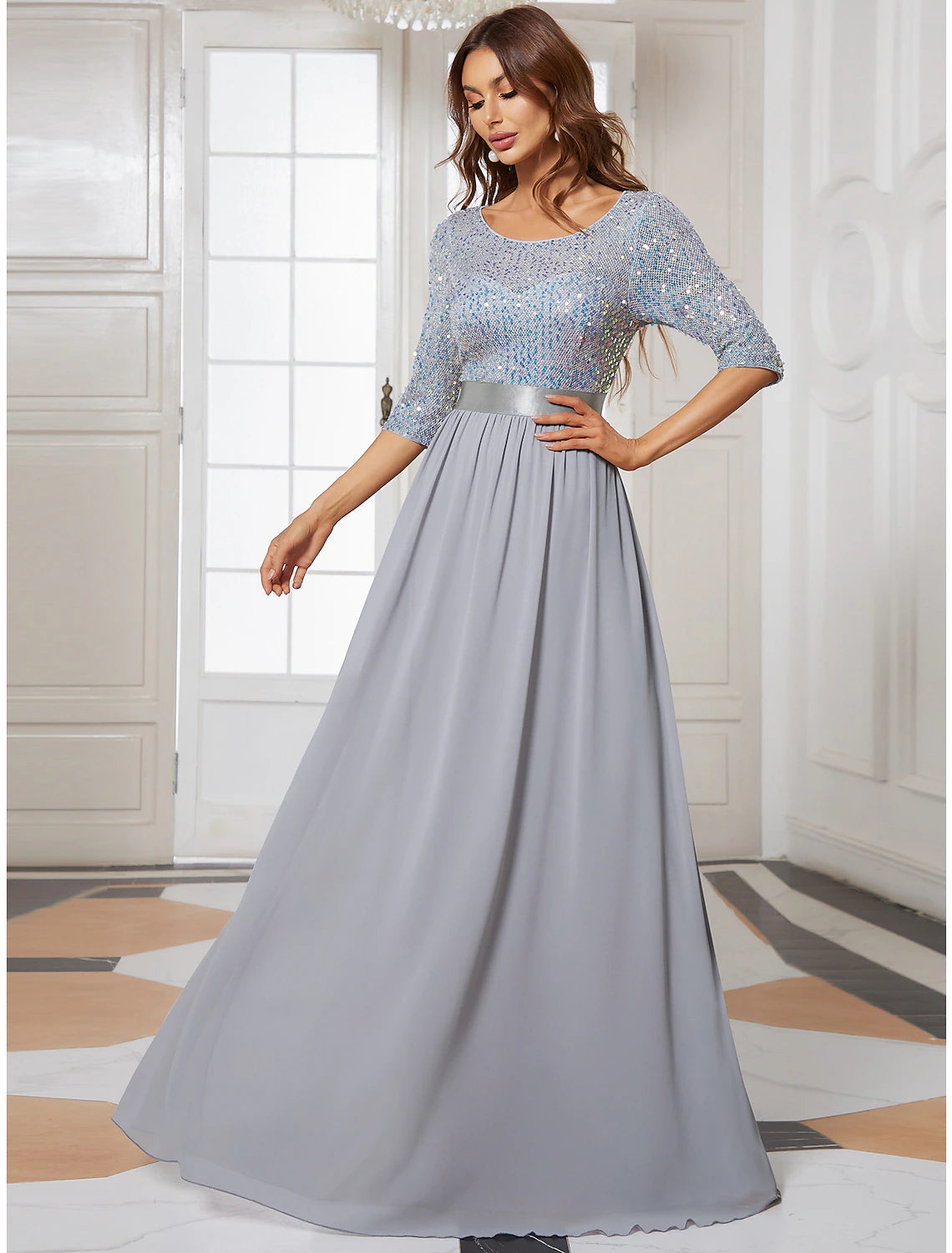 Abito da cerimonia per la madre della sposa, a trapezio, elegante, con scollo gioiello, lunghezza al pavimento, in tulle con paillettes, manica a 3/4, con paillettes, taglie forti