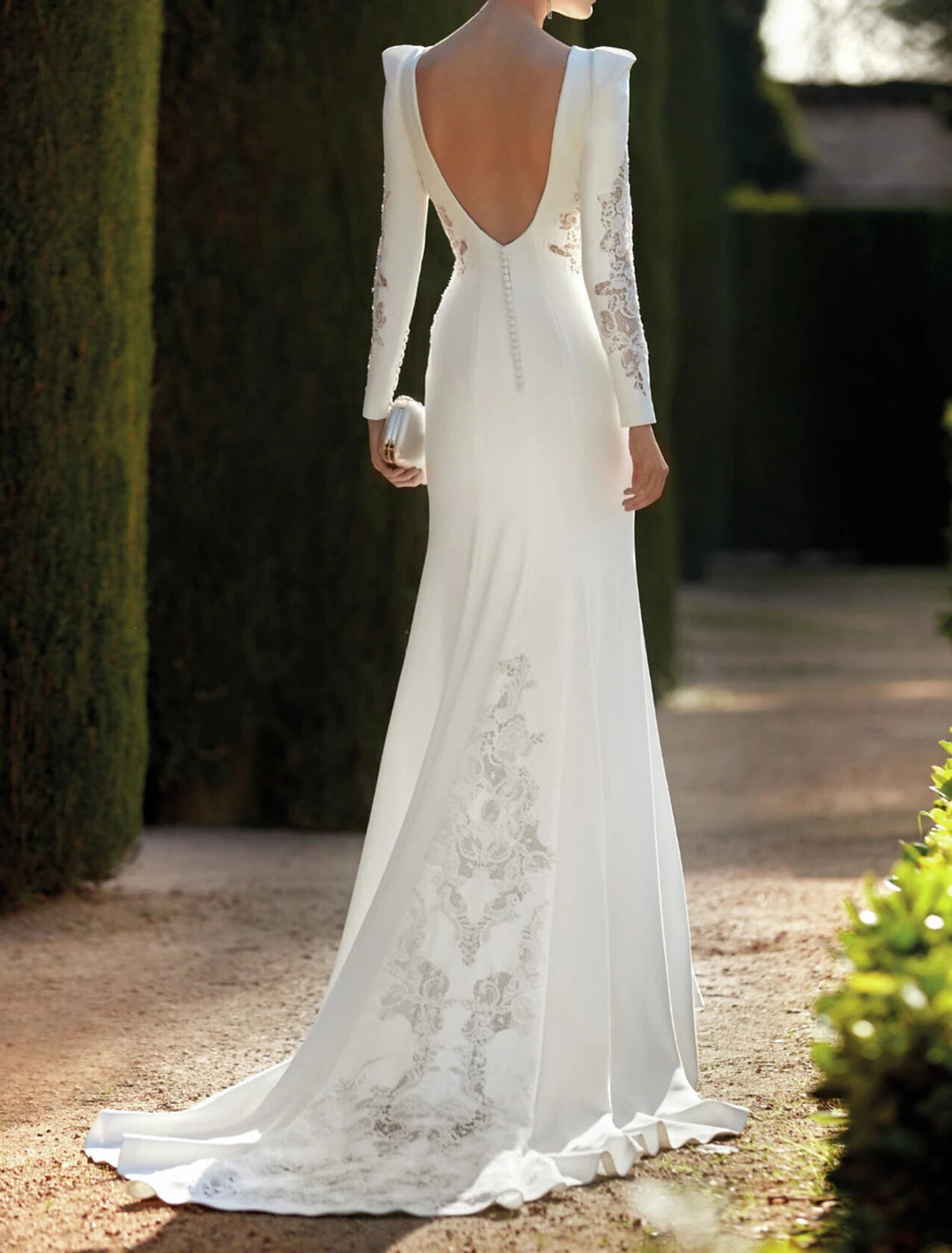 Vestidos de novia formales de otoño con espalda abierta, estilo real, corte sirena/trompeta, escote redondo, manga larga, cola larga, vestidos de novia de tela con color sólido para fiesta de verano