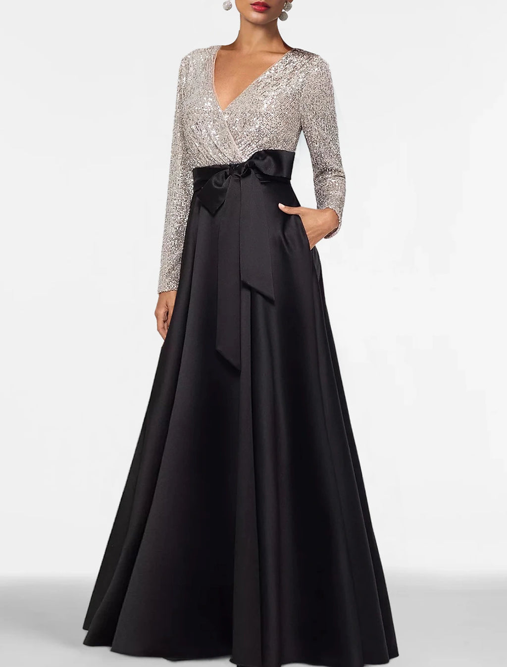 Abito da sera a trapezio, elegante, formale, lungo fino al pavimento, manica lunga, scollo a V, per invitati a nozze, in raso con tasca in paillettes