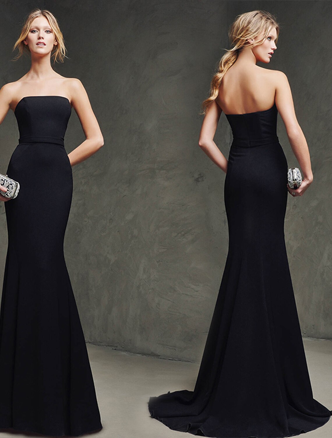 Black Crepe Strapless Mermaid Floor-Length Gown with Backless Design