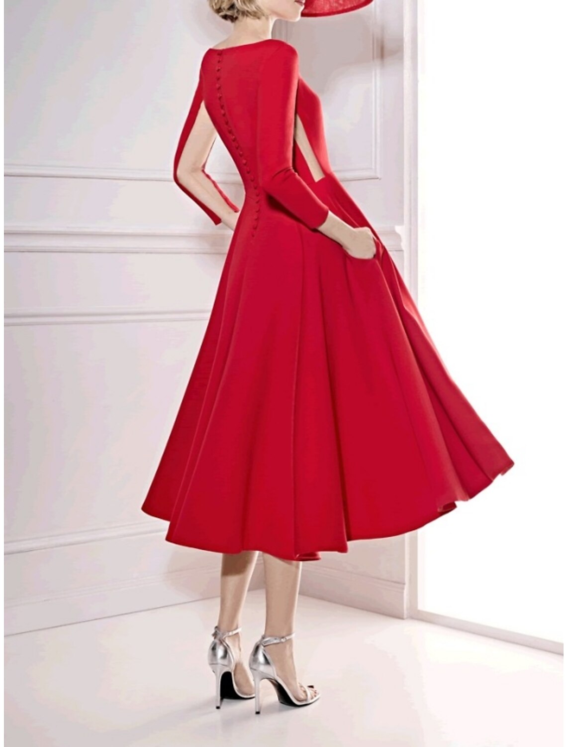 A-Line Cocktail Dresses Minimalist Dress Formal Fall Tea Length 3/4 Length Sleeve V Neck  Fabric with Pleats