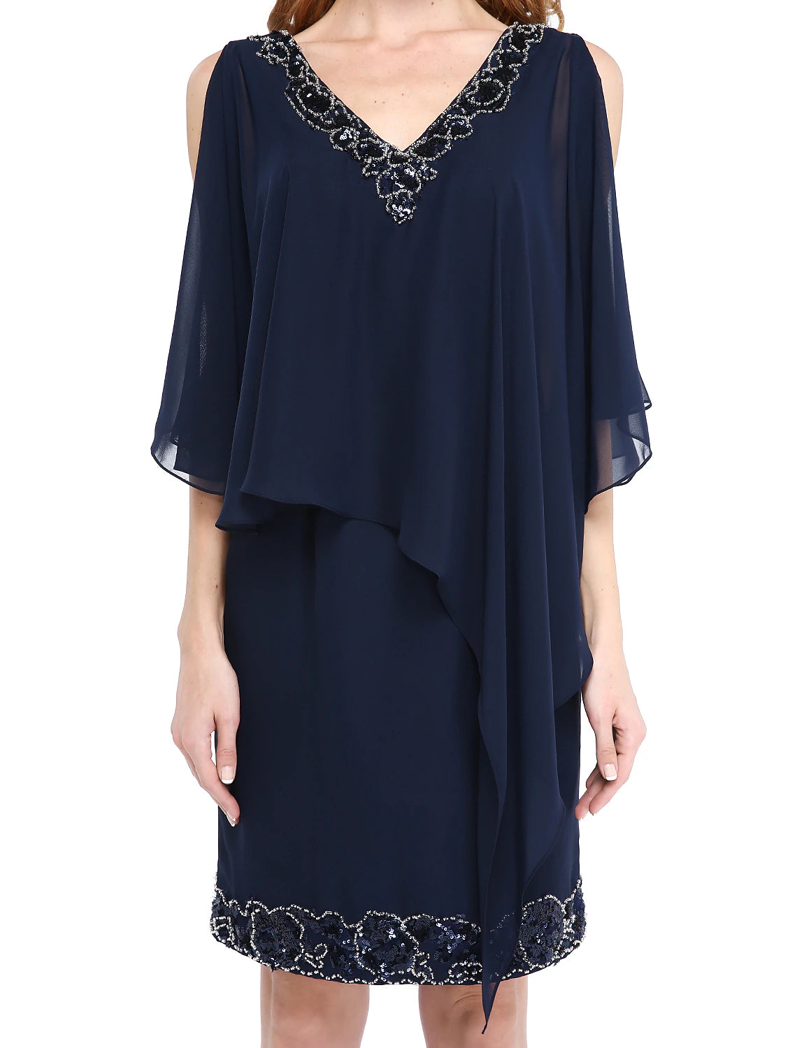 Abito da madre della sposa a tubino, con scollo a V, lunghezza al ginocchio, in chiffon, senza maniche, con perline e paillettes