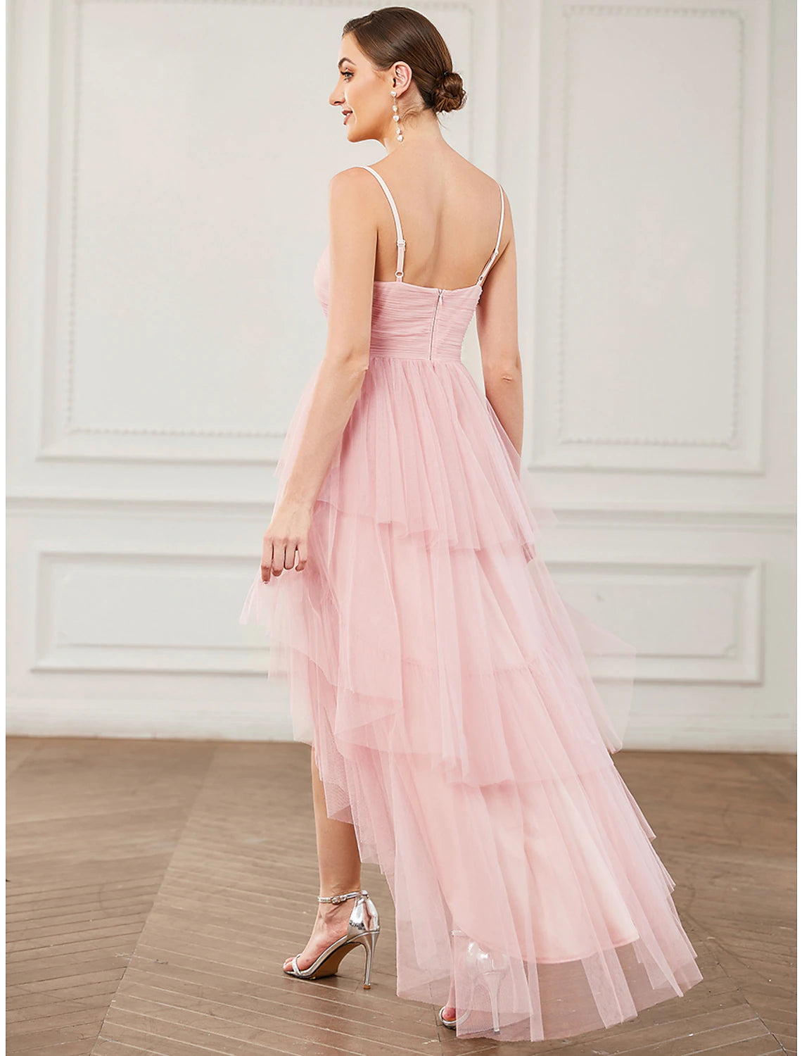 Blushing Pink Tulle A-Line Asymmetrical Bridesmaid Dress
