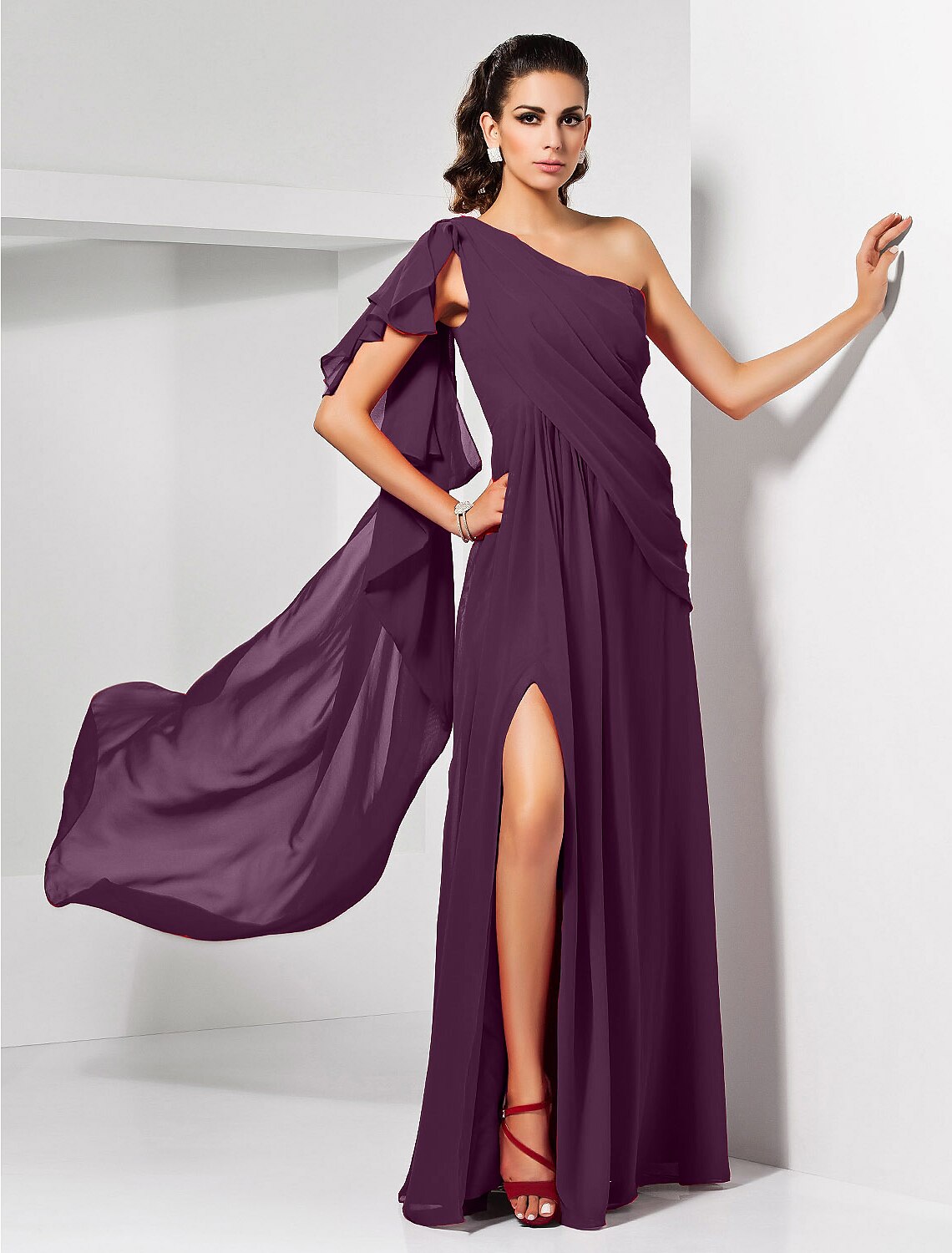 Red Chiffon A-Line Floor-Length Dress with One Shoulder & High Slit