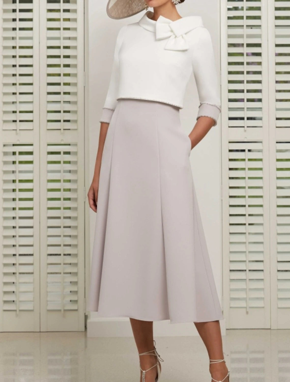 Abito da cerimonia per la madre della sposa in due pezzi, elegante, con scollo gioiello, lunghezza alla caviglia, in raso, maniche a 3/4, giacca corta con fiocco/i
