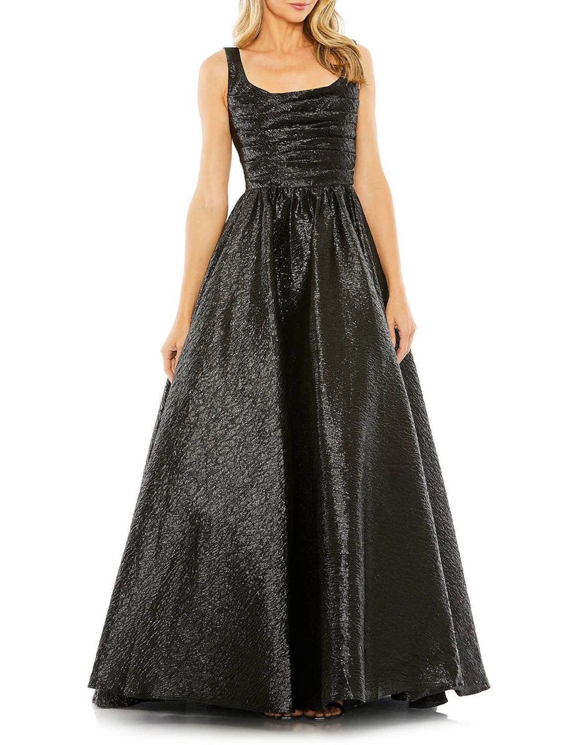 Abiti da ballo a trapezio, scintillanti, per matrimonio, compleanno, lunghezza al pavimento, senza maniche, scollo a barchetta, in raso con arricciature