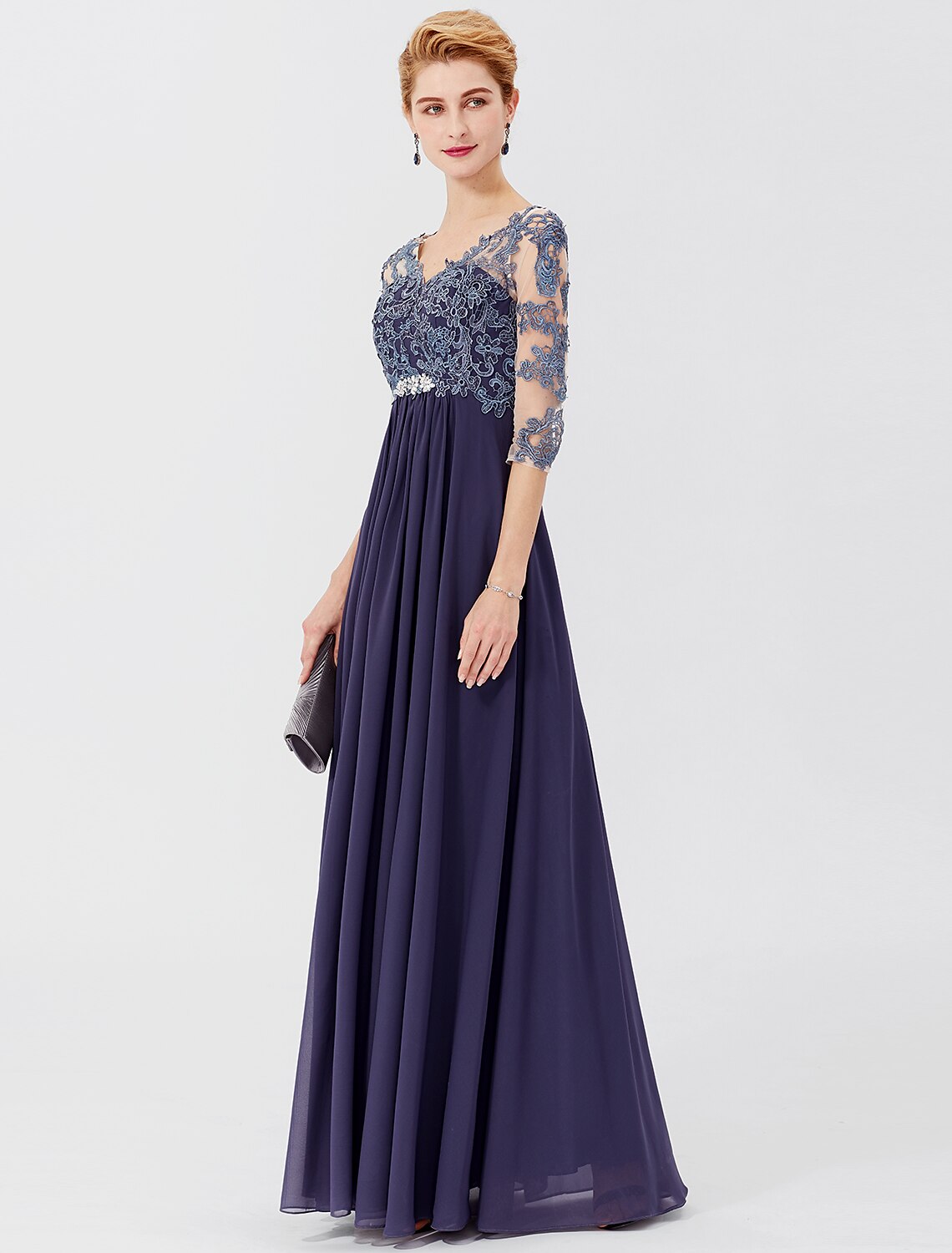Vestido de fiesta de corte A para madre de la novia, formal, talla grande, elegante, escote en V, largo hasta el suelo, gasa, encaje transparente, manga 3/4 con apliques de cristales