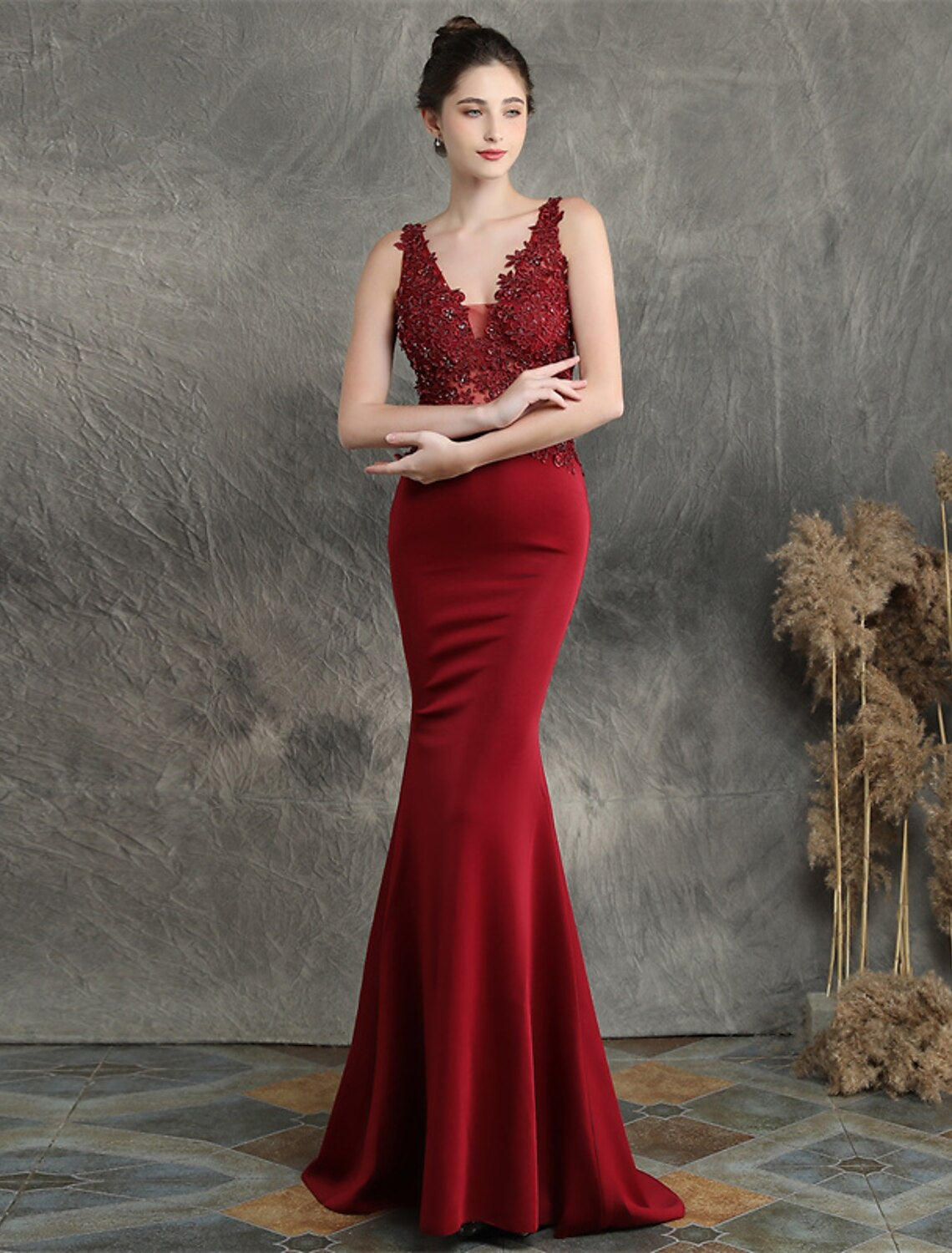 Vestido de noche de sirena/trompeta con espalda abierta, vestido formal para invitadas de boda, cola larga/cortada, sin mangas, escote en V, mezcla de algodón con apliques de cuentas