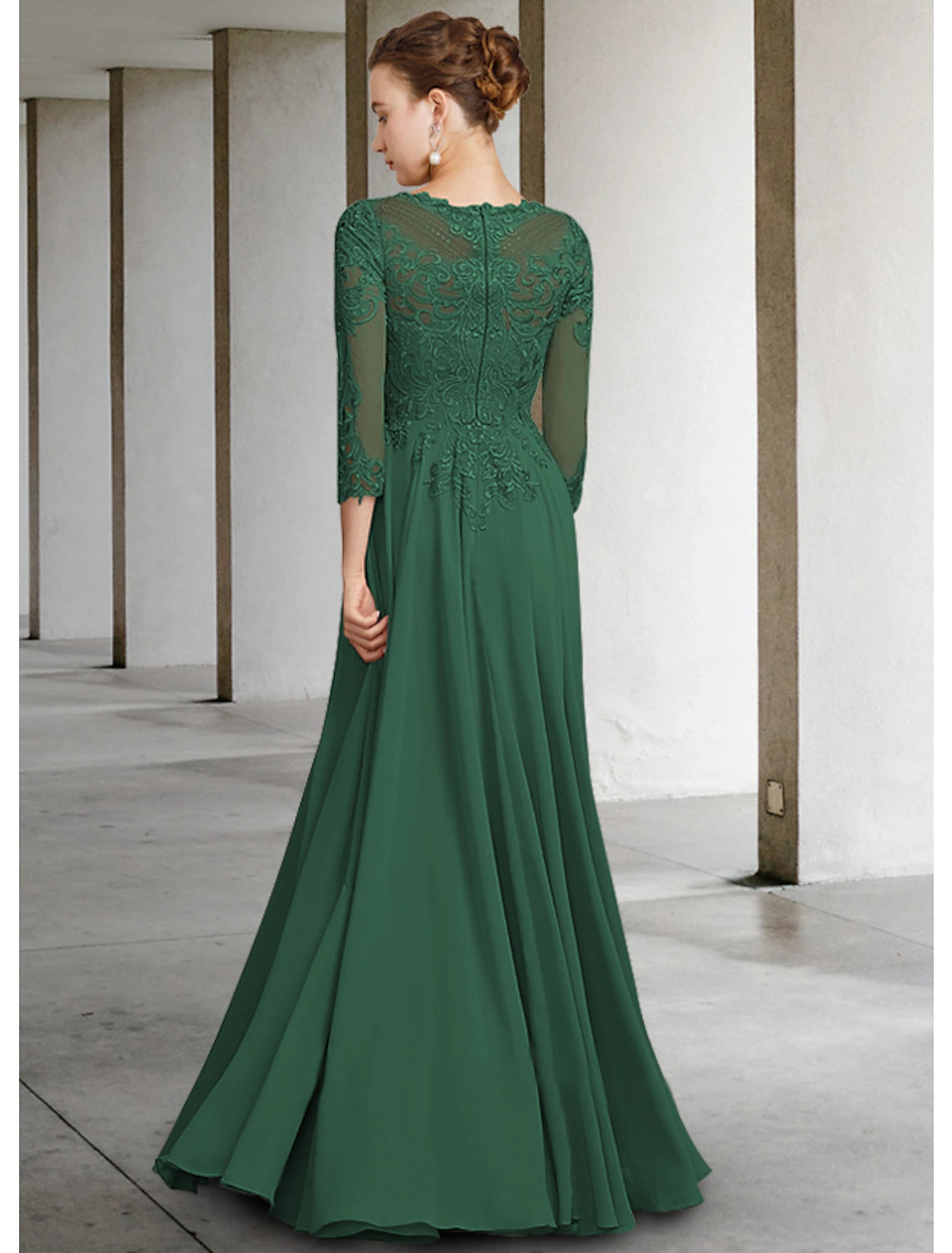 Forest Green Lace A-Line Floor-Length Evening Dress with Illusion Sleeves