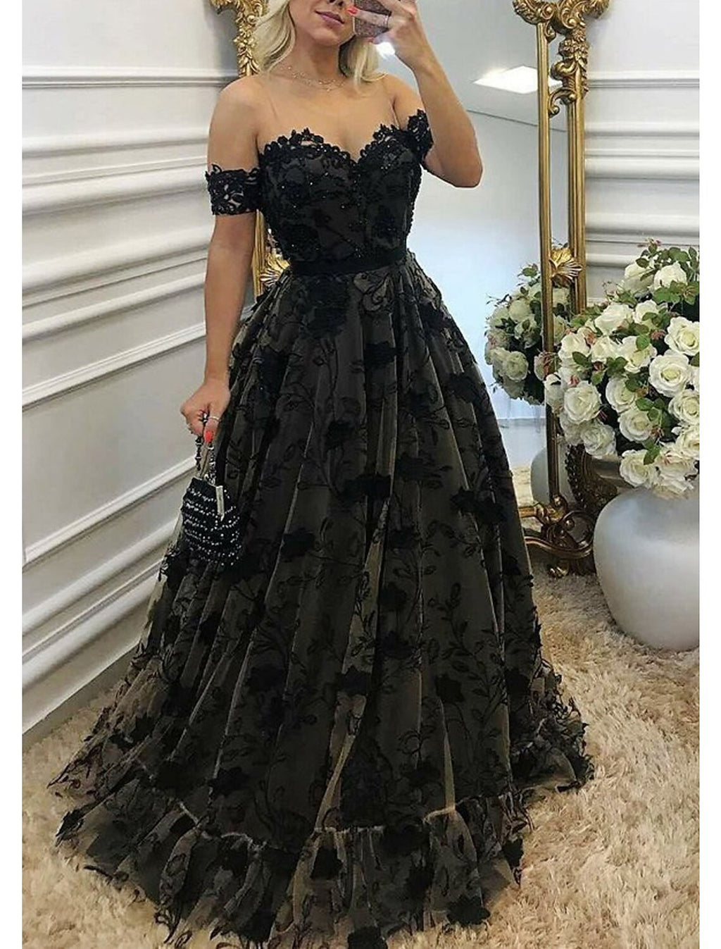 Black Lace A-Line Off-the-Shoulder Floor-Length Evening Dress
