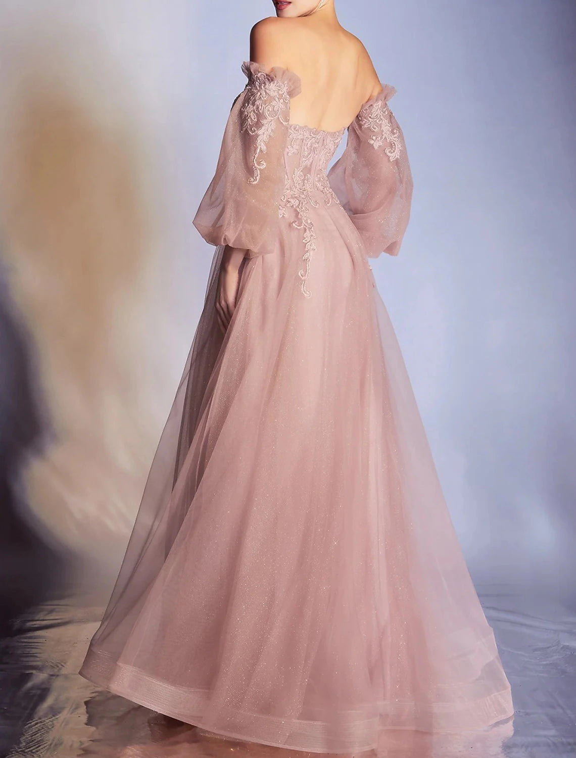 Dusty Rose Off-the-Shoulder Tulle A-Line Floor-Length Gown with Lace Appliques