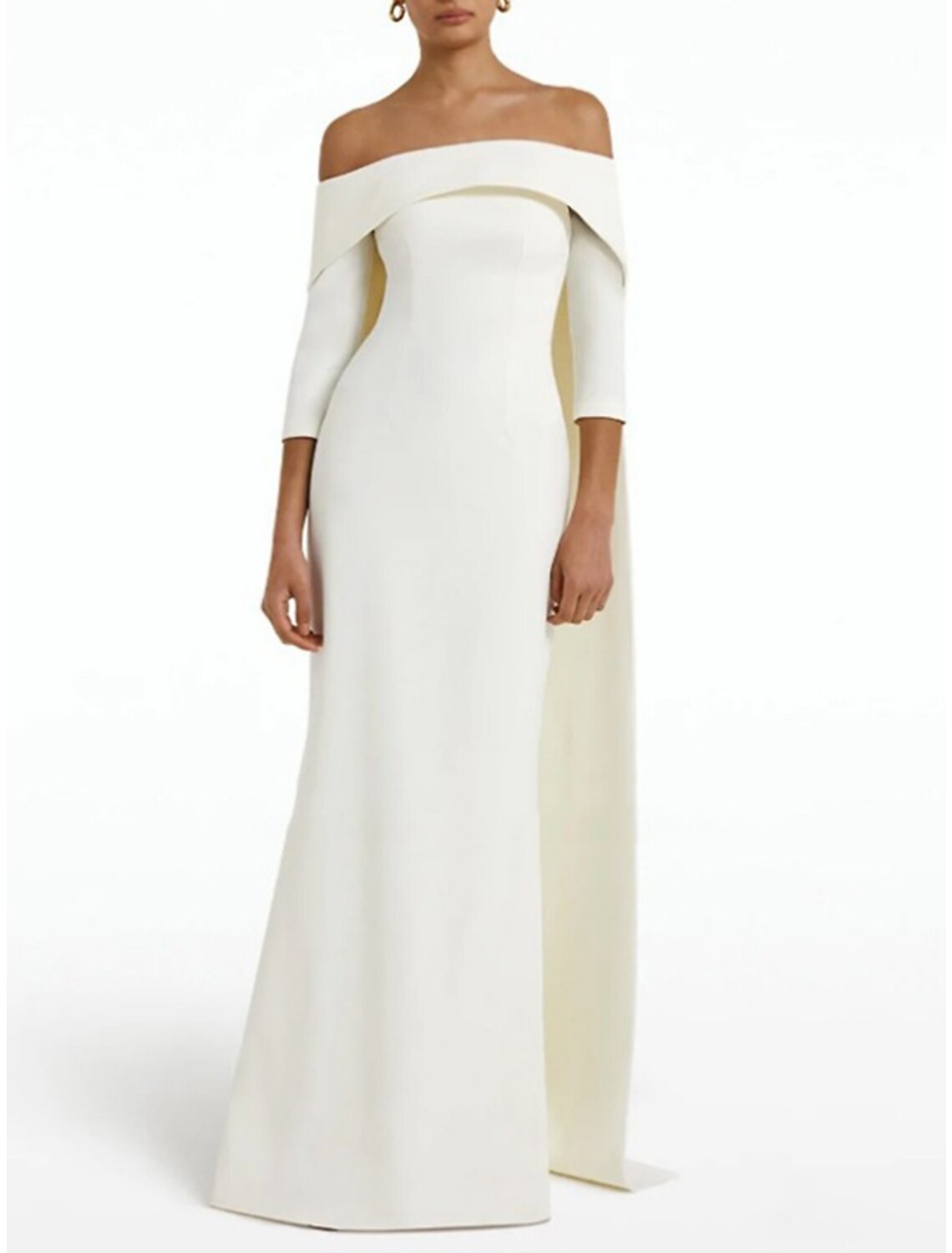 Vestido de noche elegante con corte en forma de columna, corte formal, cola larga, mangas 3/4, hombros descubiertos, tela con pliegues y fruncido.