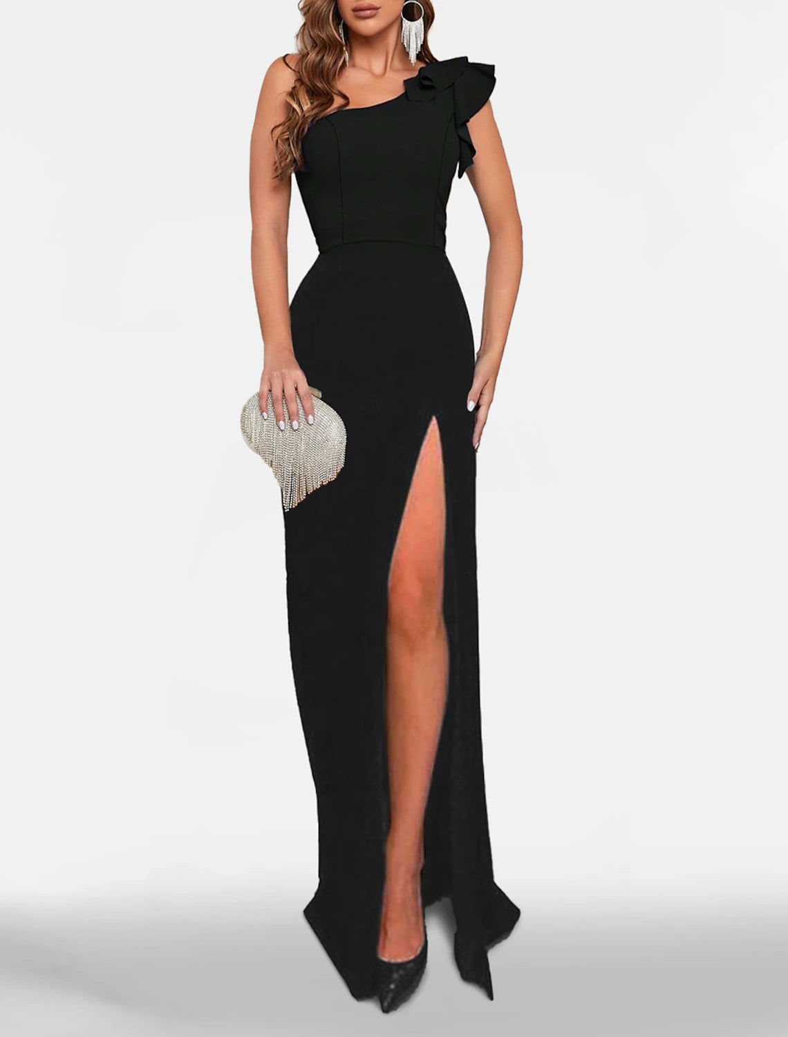 Mermaid / Trumpet Prom Dresses Black Dress Dress Wedding Guest Black Tie Sweep / Brush Train Sleeveless One Shoulder  Fabric with Ruched Slit