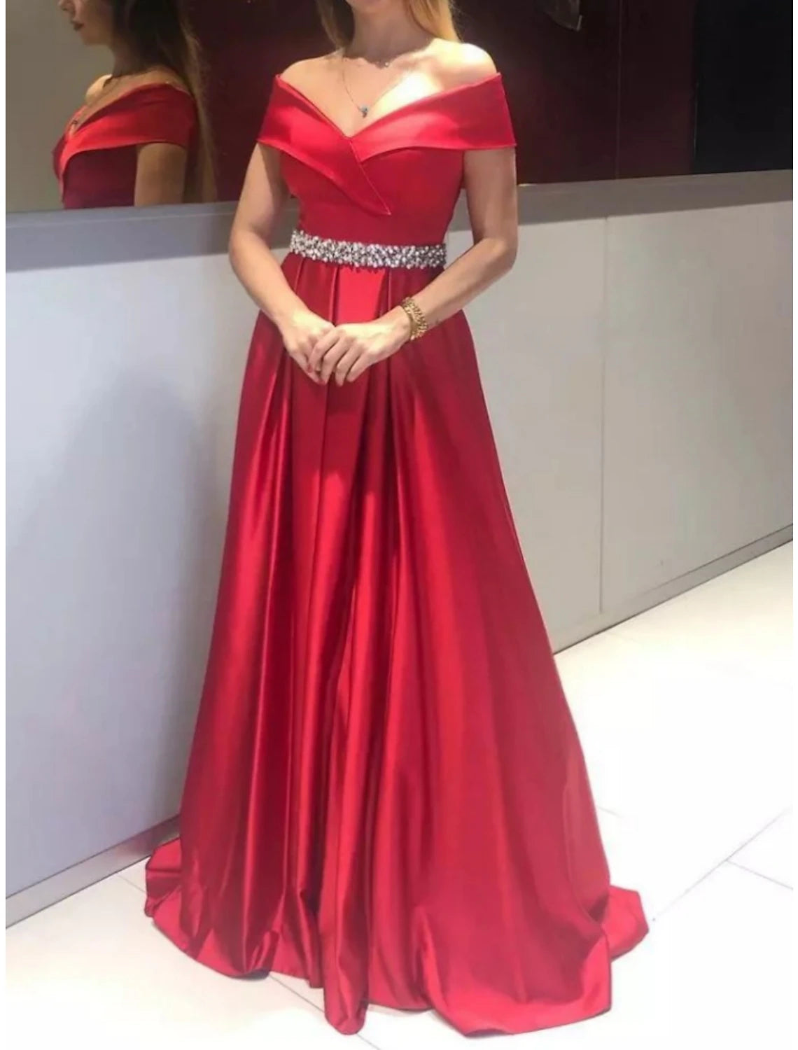Emerald Satin A-Line Off-the-Shoulder Floor-Length Evening Dress