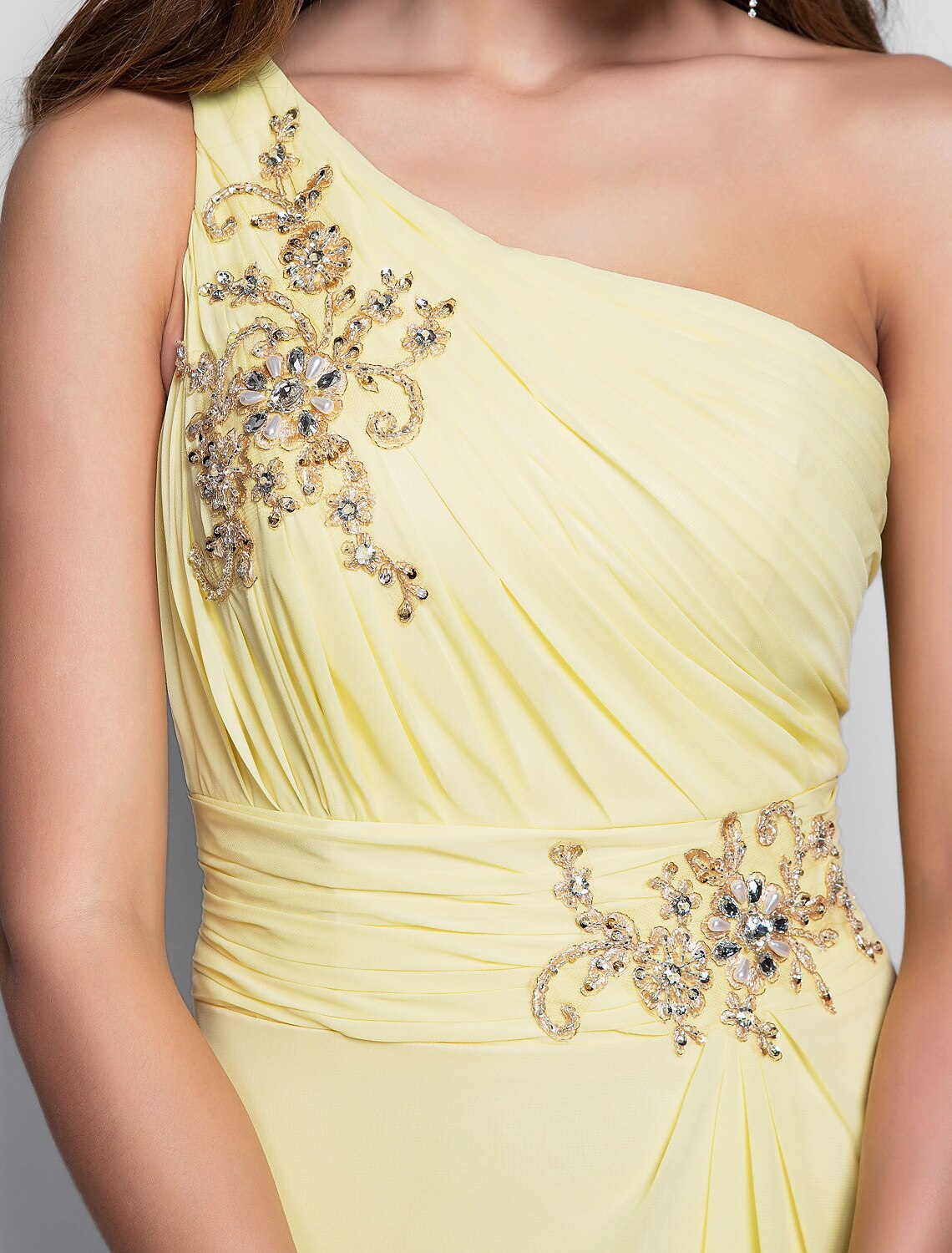 Abito elegante a tubino/colonna per invitati a matrimoni, cocktail party, asimmetrico, senza maniche, monospalla, in chiffon con applicazioni di perline e spacchi