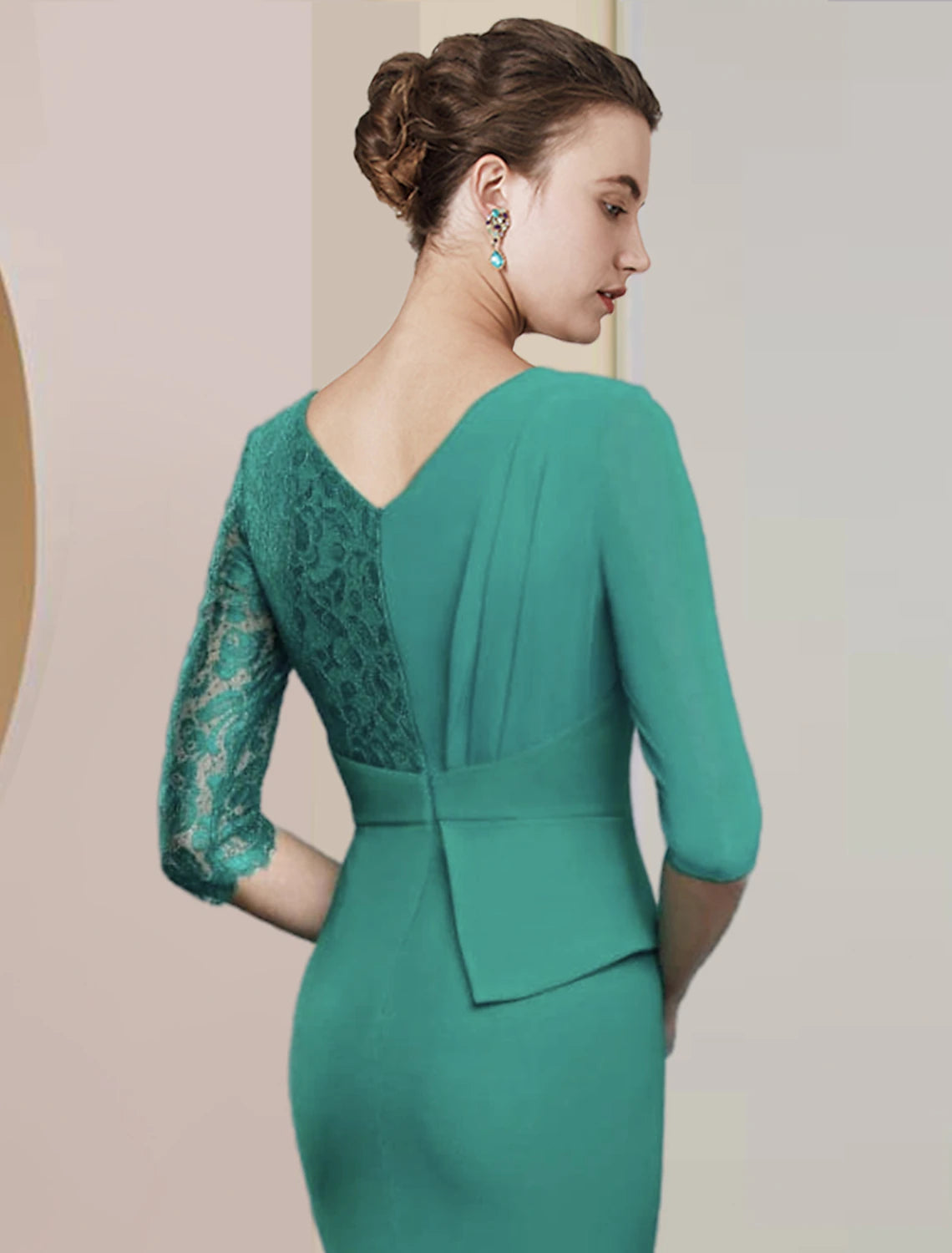 Emerald Chiffon and Lace Sheath/column Floor-Length Dress with V-Neck and Draped Bodice