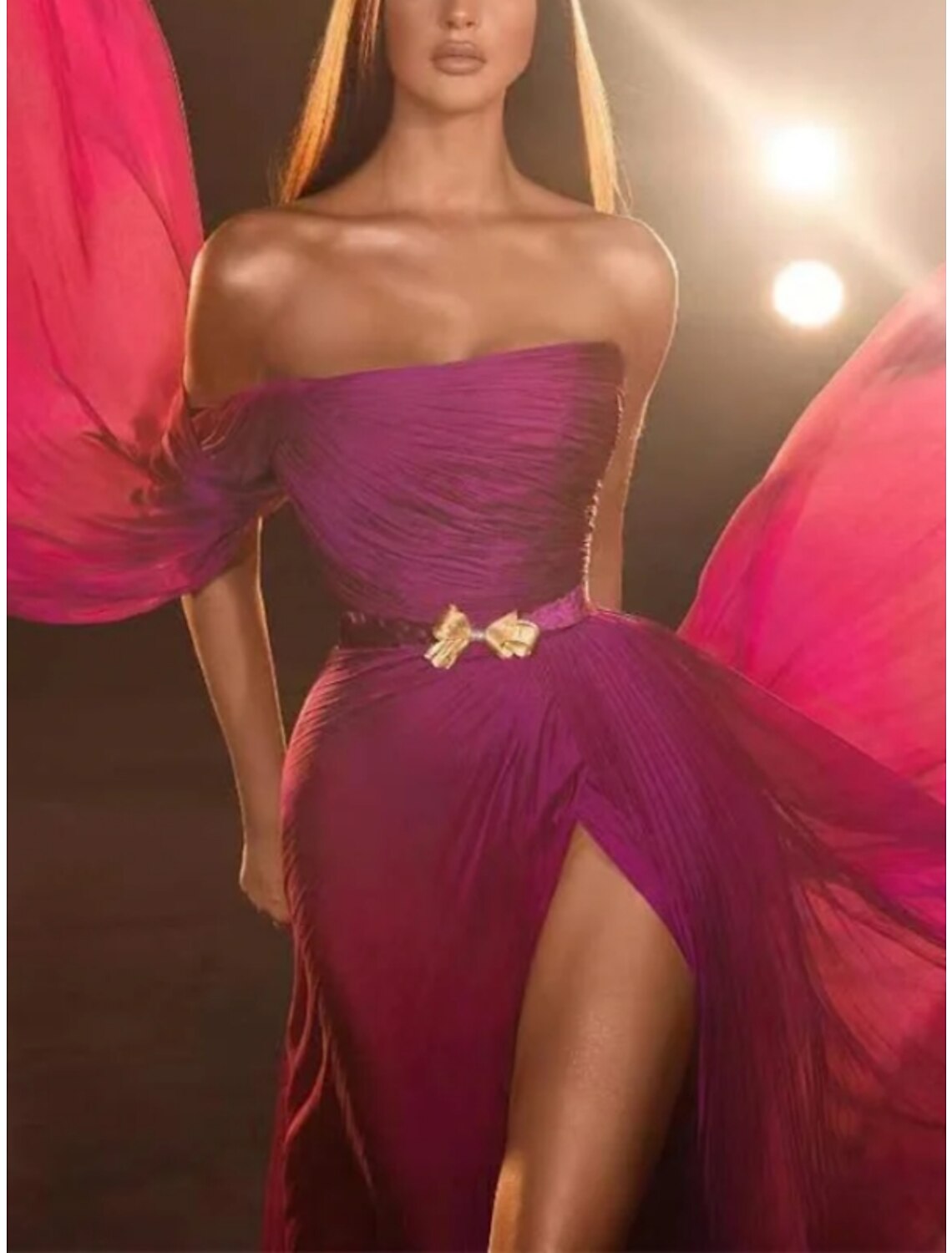 Burgundy Chiffon Off-the-Shoulder A-Line Floor-Length Dress with High Slit