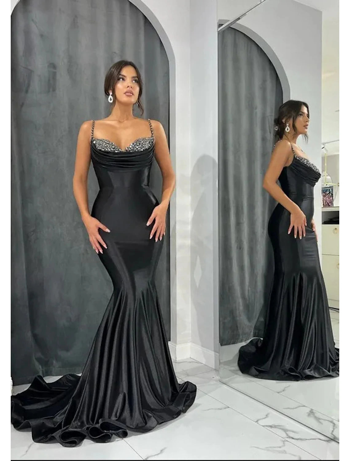 Black Satin Mermaid Floor-Length Evening Dress with Draped Cowl Neck and Embellished Straps