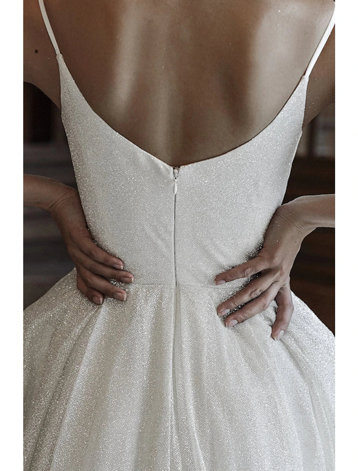 Ivory Glitter A-Line V-Neck Floor-Length Evening Dress