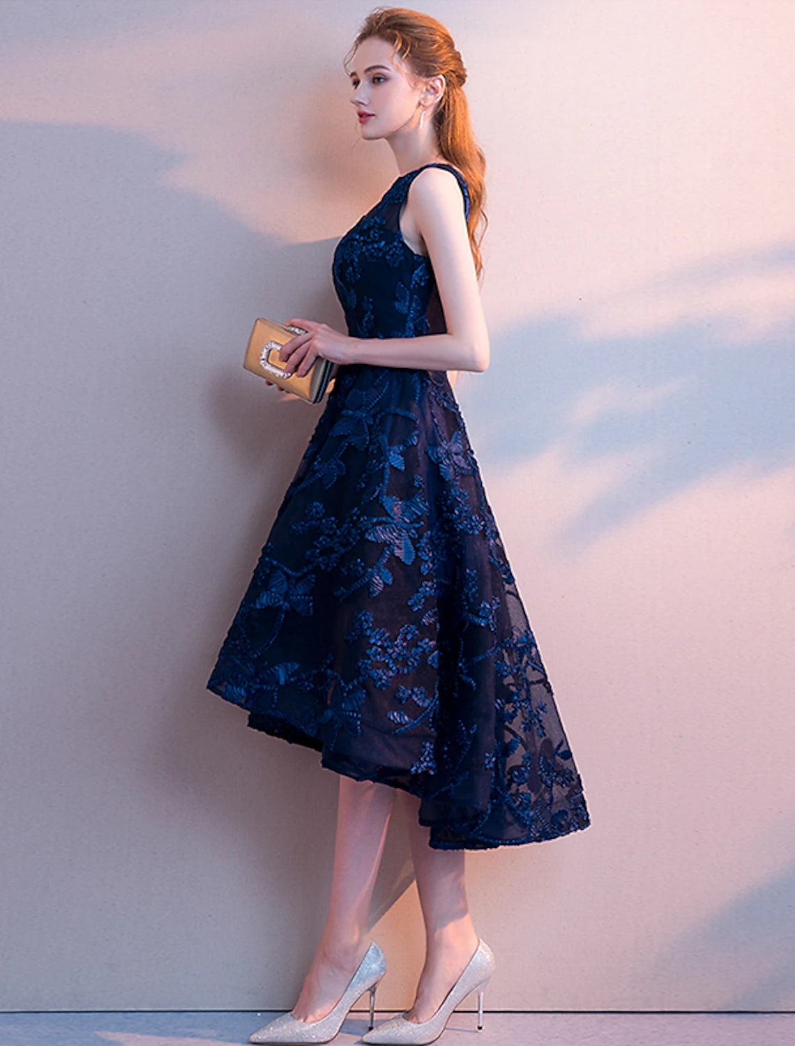 Dark Navy Mesh A-Line High-Low Dress with Intricate Floral Embroidery
