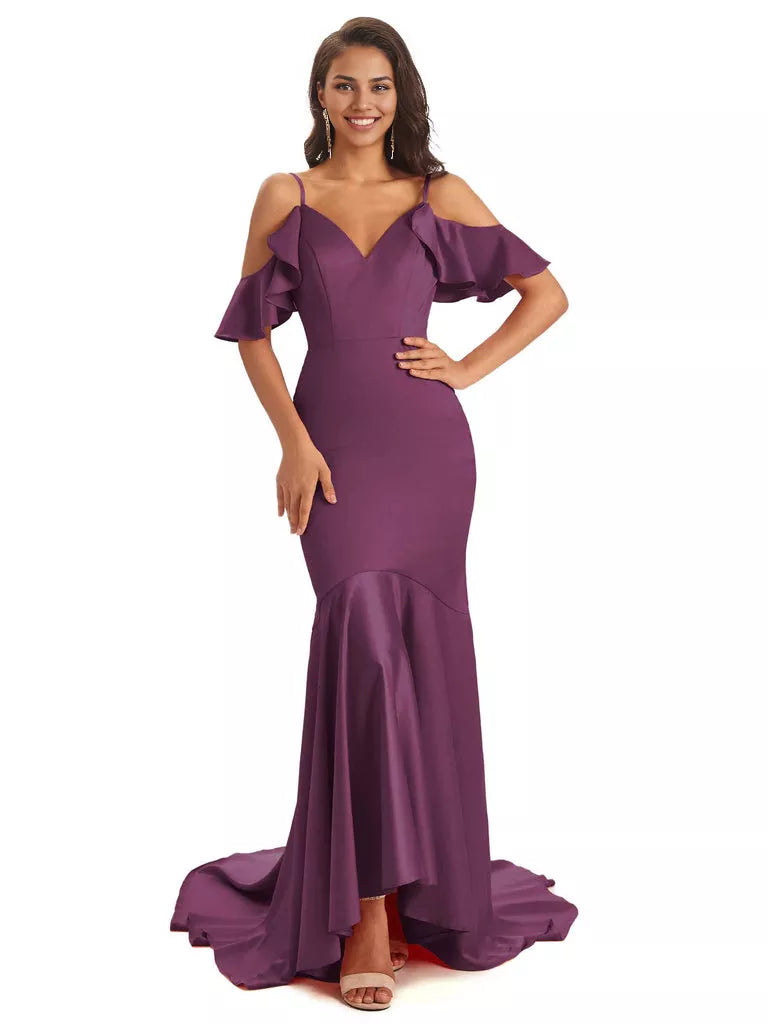 Soft Satin Asymmetric Spaghetti Straps Sleeveless Mermaid Cold Shoulder Bridesmaid Dresses