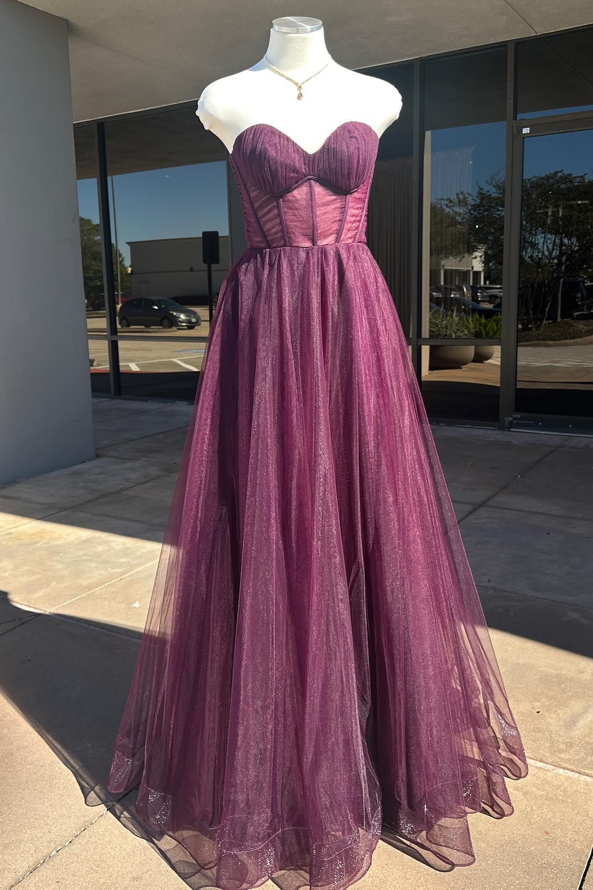Shimmery Purple Tulle A-line Sweetheart Strapless Zipper Back Long Prom Dress